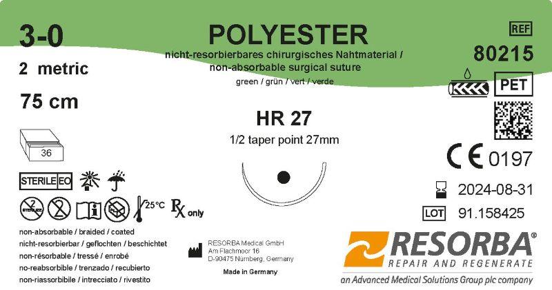 Поліестер зелений USP3-0, довжина 75см, колюча голка 27мм, 1/2 кола